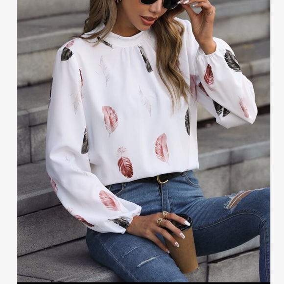 Boho Feather Print Long Sleeve Top Blouse Shirt White - Picture 4 of 7